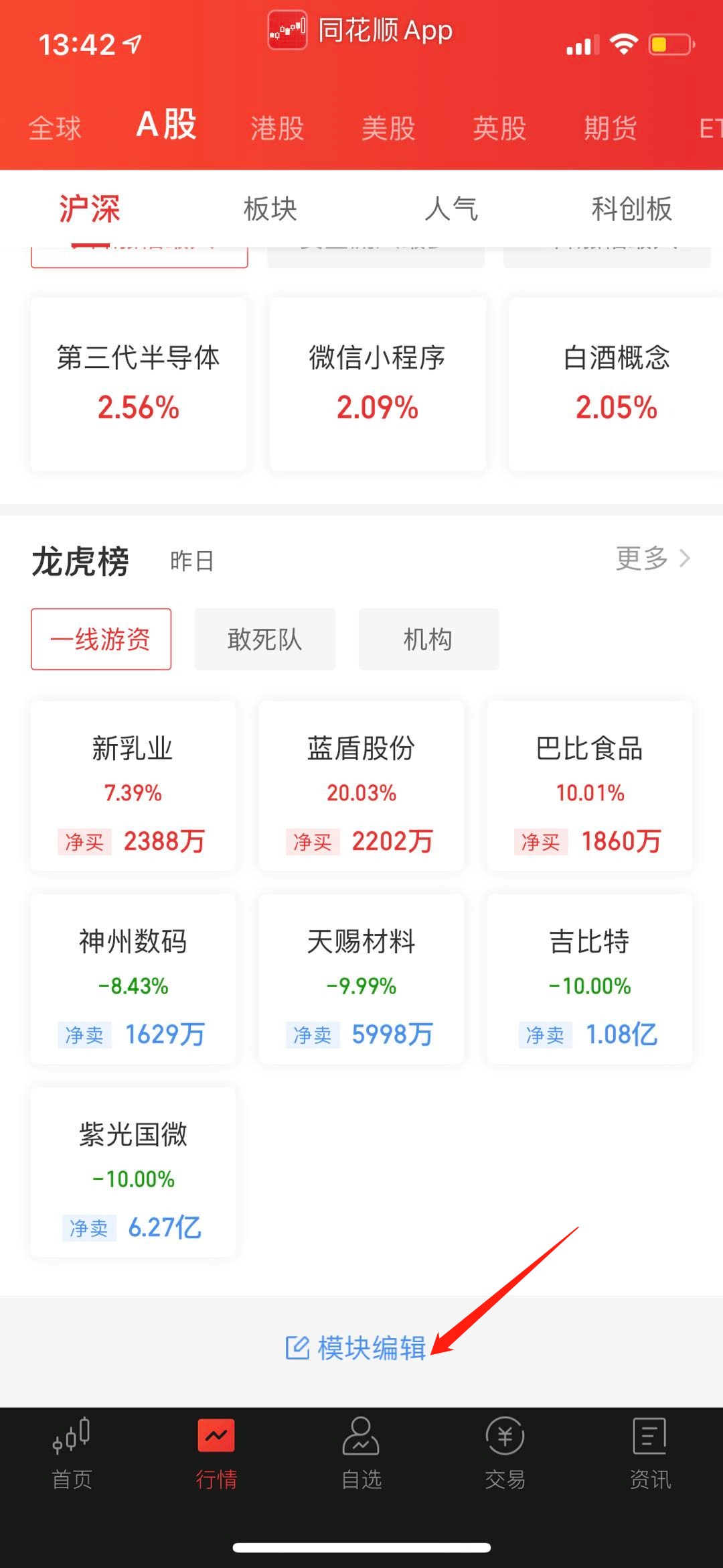 手机同花顺,行情页面
