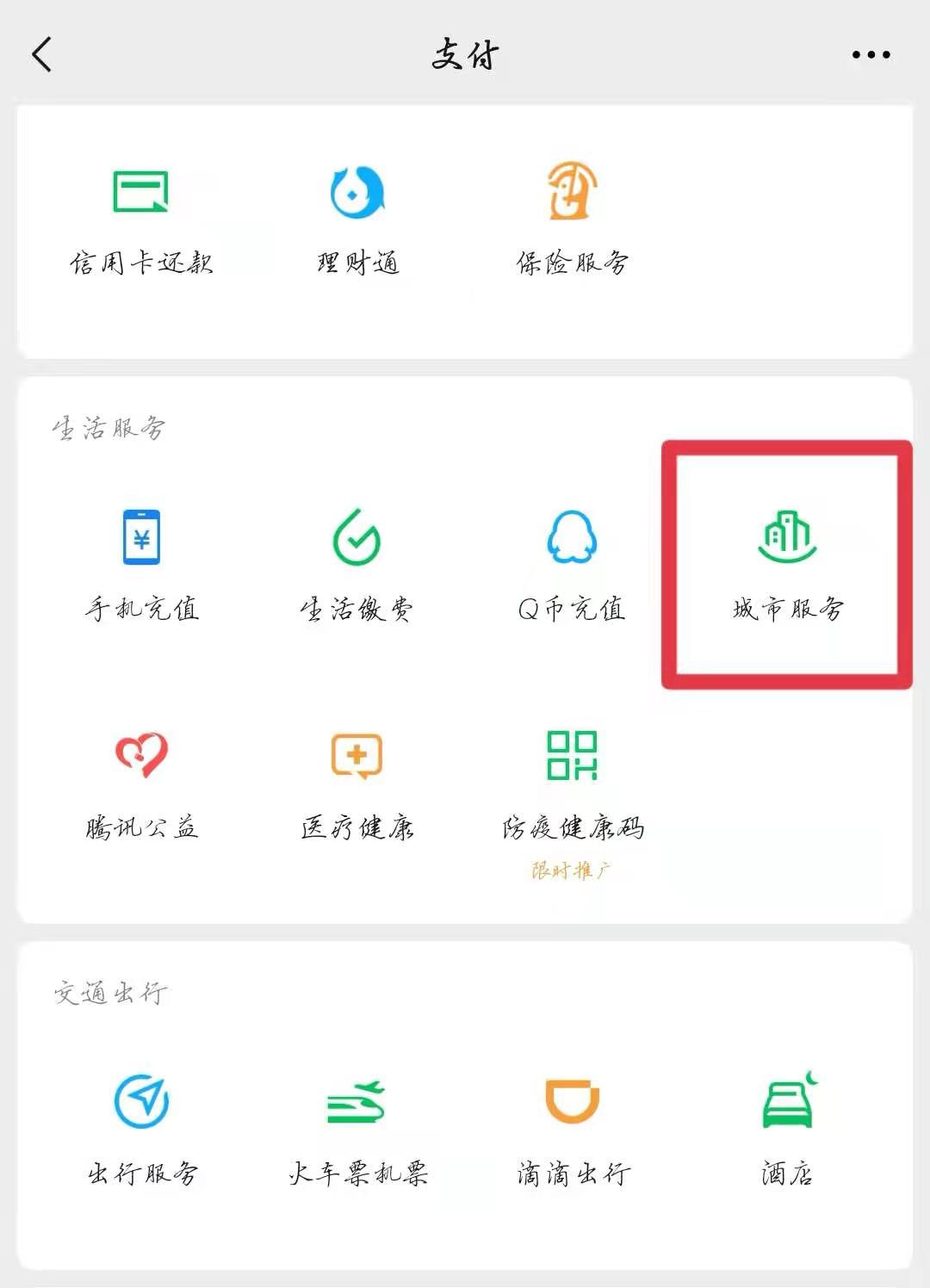 点击支付里面的城市服务