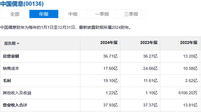 中国儒意利润表