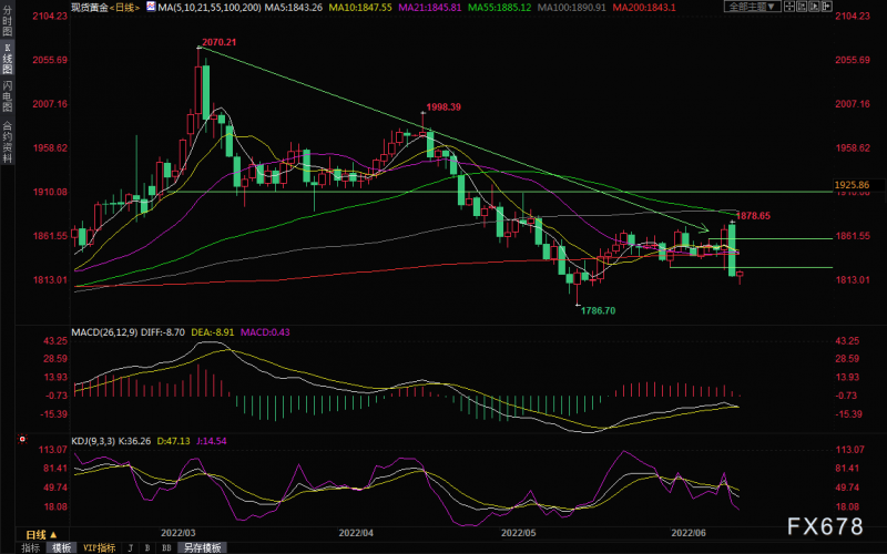 黄金交易提醒:预期美联储激进加息,美元“一飞冲天”,黄金暴跌退守1810,关注PPI数据