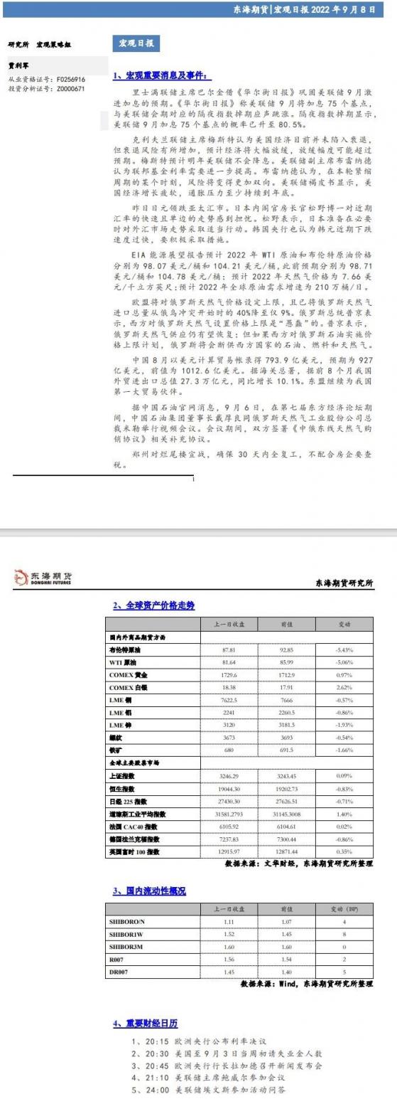 【东海期货9月8日宏观日报】美元持续大幅波动，关注今日欧央行议息会议