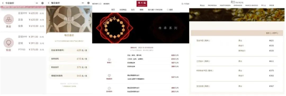 图源：六福珠宝、潮宏基、周大福、周生生品牌官方网站/官方小程序10月30日金价