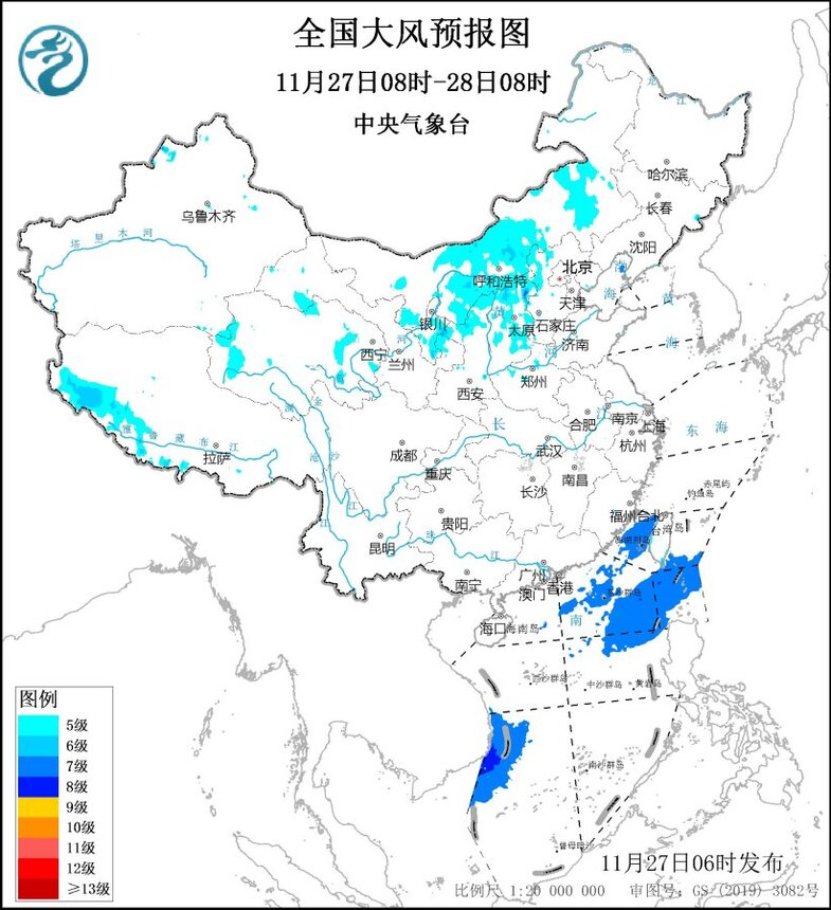 图1 全国大风预报图（11月27日08时-28日08时）