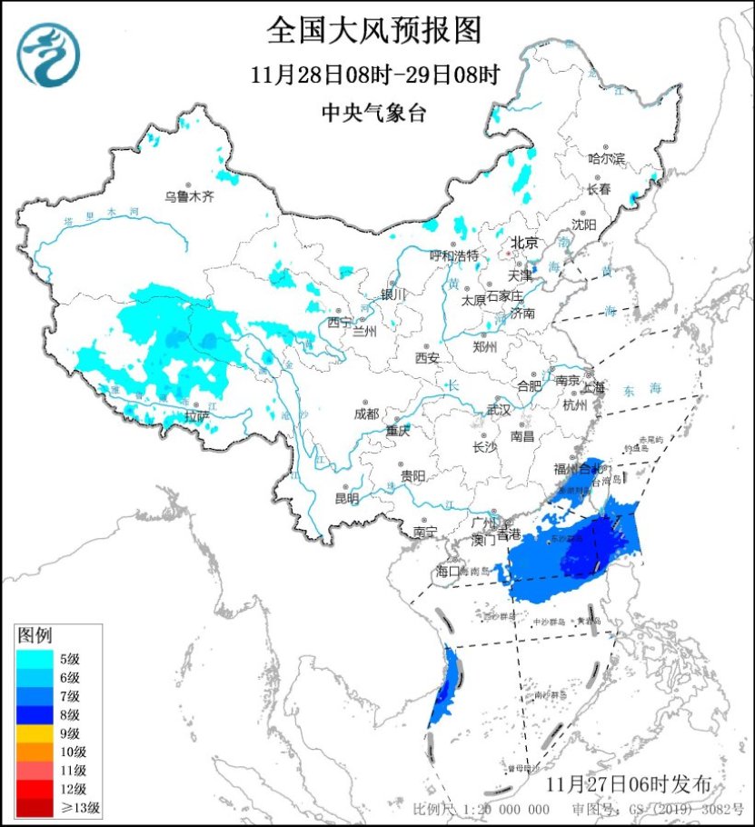 图2 全国大风预报图（11月28日08时-29日08时）