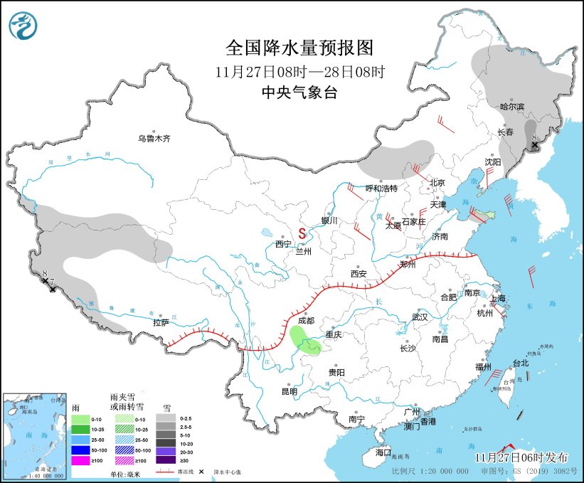 图3 全国降水量预报图（11月27日08时-28日08时）