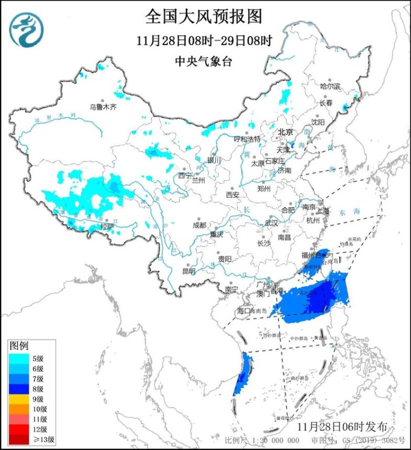 图1 全国大风预报图（11月28日08时-29日08时）