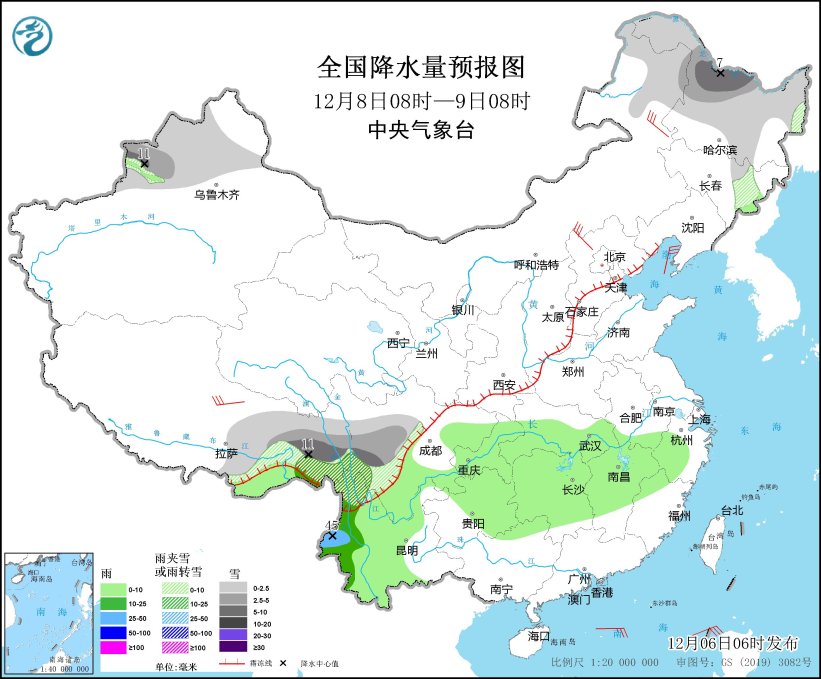 图4 全国降水量预报图（12月8日08时-9日08时）