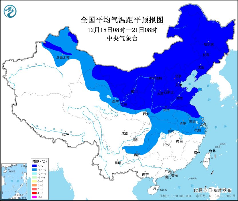 图1 全国平均气温距平预报图（12月18日08时-21日08时）