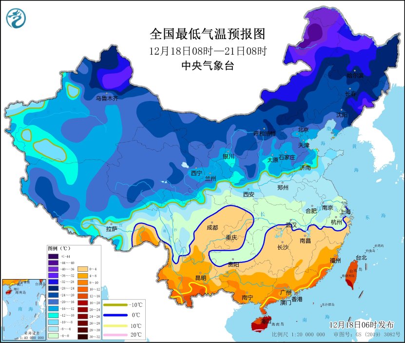 图2 全国最低气温预报图（12月18日08时-21日08时）