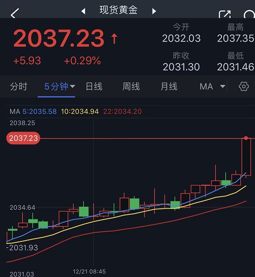 (现货黄金5分钟图 来源:)