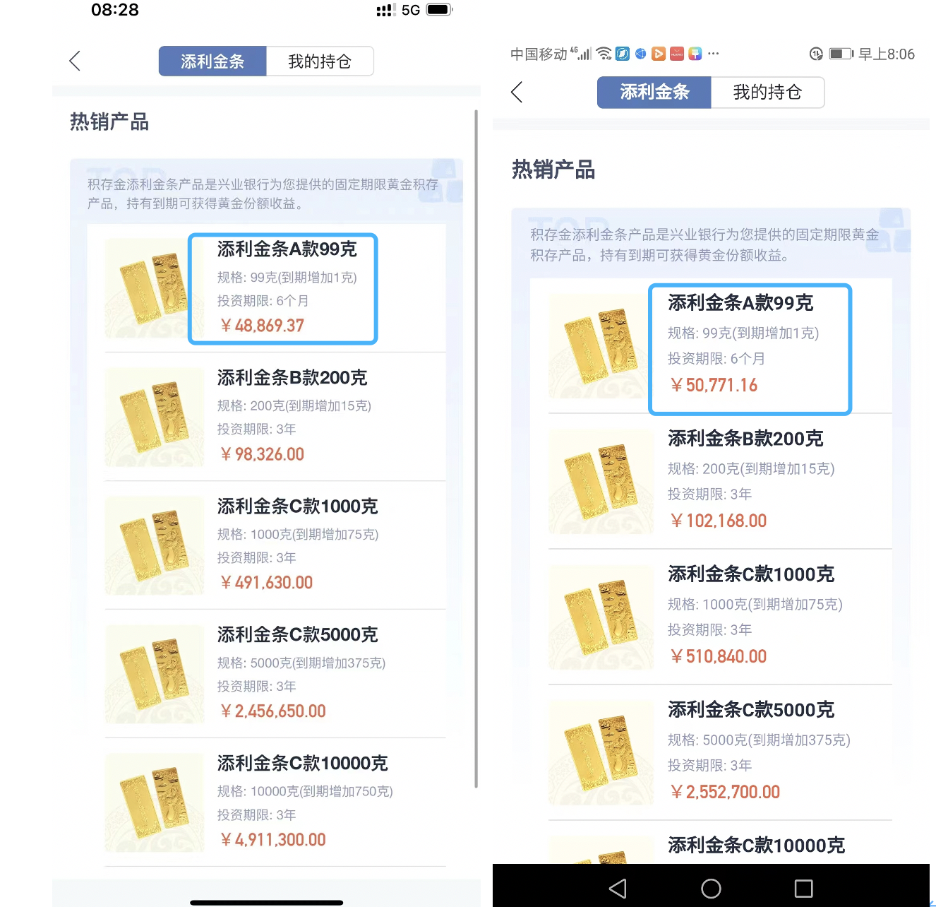 （积存金价格对比。受访者供图）