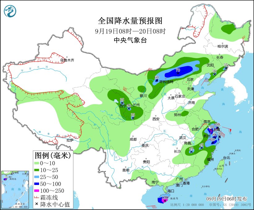 图3 全国降水量预报图（9月19日08时-20日08时）