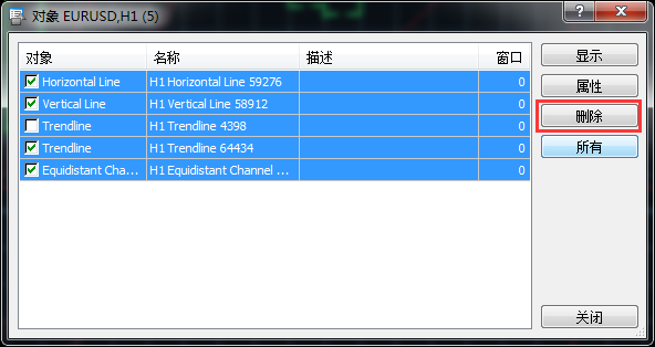 在MT5上怎么把添加的画线一次性全部删除